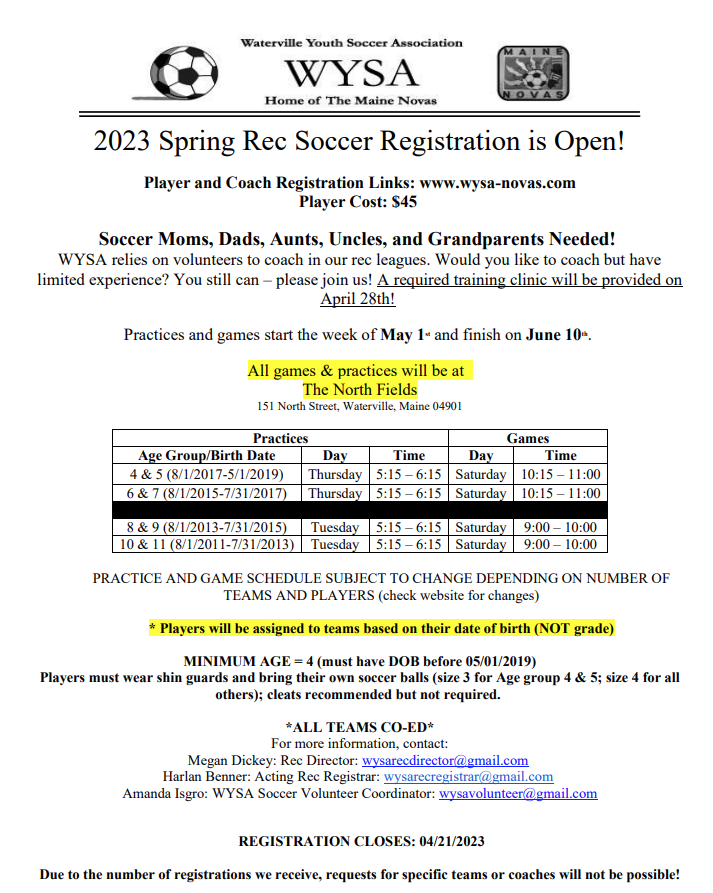 Rec Soccer | Waterville Youth Soccer Association